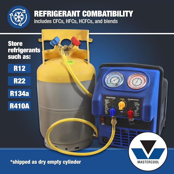 Mastercool 62010 30 lb Refrigerant Recovery Cylinder, DOT-Approved, 1/4" FL-M Connections, HP295 Steel, Yellow/Gray (No Refrigerant Included)