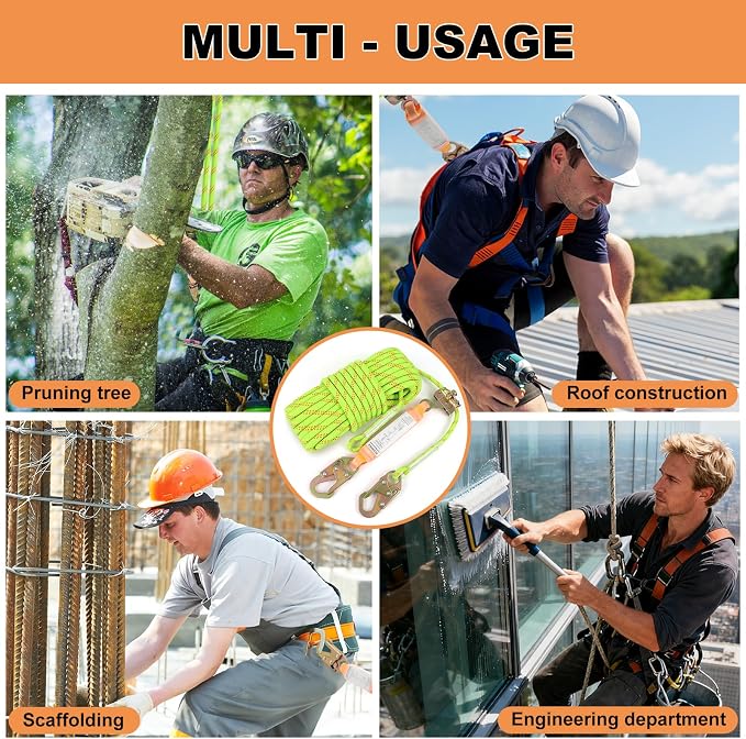 Rope Harness Safety Lanyard 100FT Fall Protection Vertical Roofing Rope | 100FT Anti-fall Safety Rope with Grab Snap Hooks, Shock Absorber, Heavy Duty Vertical Roofing Rope, Tree Climbing Line Kit