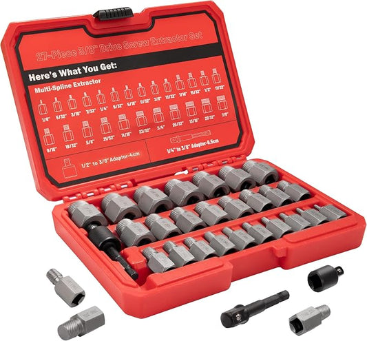27Pcs Screw Extractor Set Hex Head Multi-Spline Easy Out Bolt Extractor Set 3/8 Inch Drive, Stripped Bolt Remover, Bolt Extractor Kit for Removing Broken Rusted Bolts Studs Nuts Socket Screws