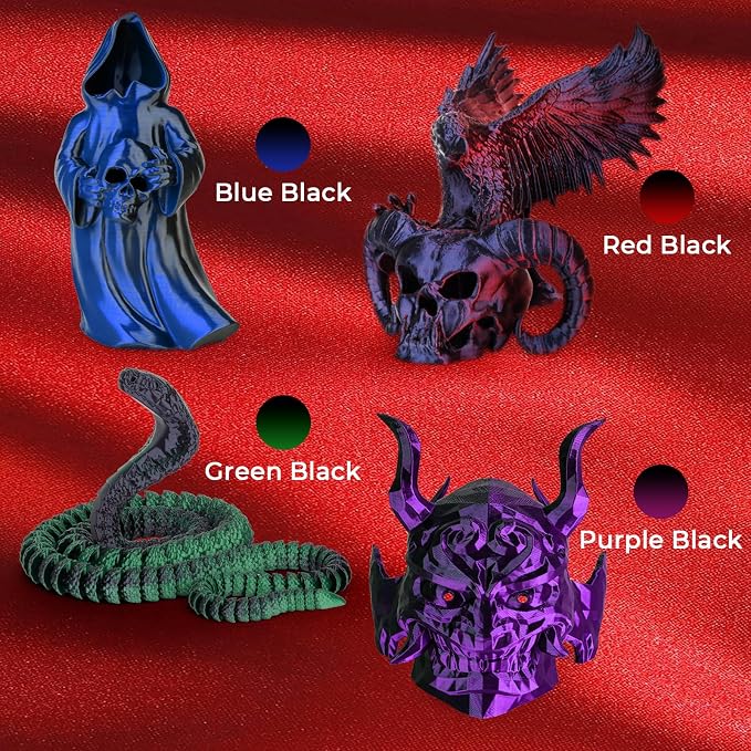 AMOLEN Silk PLA 3D Printer Filament Bundle, Shiny Dual Color PLA Filament 1.75mm Pack, Color Change PLA 3D Printing Filament for Most FDM 3D Printer, Black Series 200g X 4 Spools