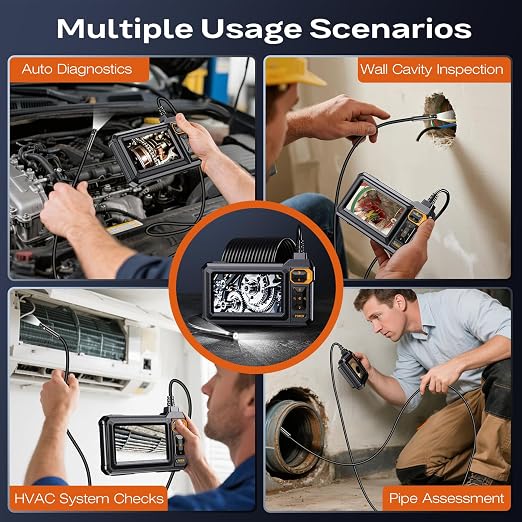 Borescope Dual Lens Endoscope Camera with Light, 4.3" IPS 1920P HD Inspection Camera, 7.9mm IP67 Waterproof with 8+1 Adjustable LEDs, 16.5FT Semi-Rigid Snake Cable for Mechanic, Cool Gadgets for Men