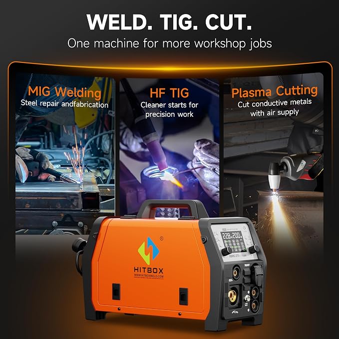 HITBOX Multifunctional Welder Plasma Cutter Combo, 200A 220V Aluminum Pulse MIG/Gas/Flux Core MIG/HF TIG/ 40A Plasma Cutter/Stick/Spot with 2T/4T, Synergy, Large Digital Display