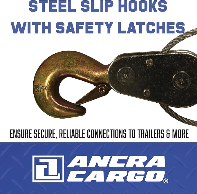 ANCRA CARGO Cable Puller, Double Line 4-Ton Pro Series, Heavy-Duty Machined One-Piece Gears, 1/4" Aircraft Grade Galvanized Steel Cable with Pulley Block