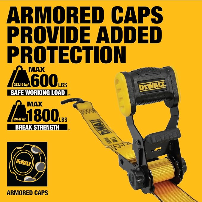 DEWALT DXBC18001-12PK Black/Yellow 1.25" x 12' Ratchet Tie Down Straps - Light-Weight Cargo Hauling (1800 lb Break Strength), 12 Pack