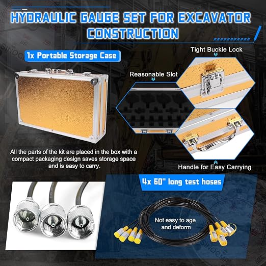 Hydraulic Pressure Gauge Test Kit, 4 Pressure Gauges, 4 Test Hoses, 10 Couplings, 3 Tee Connectors for Excavator Construction Machinery(Gold)
