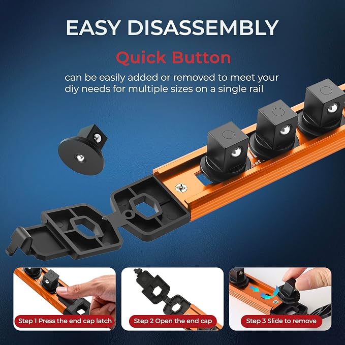 Reniteco Magnetic Socket Organizer, 1/4" Drive Aluminum Alloy Socket Rail, Heavy Duty Magnetic Socket Holder with 14PC 360° Swivel Removable Clips, Magnetic Socket Rack for Tool Box Drawer, Orange