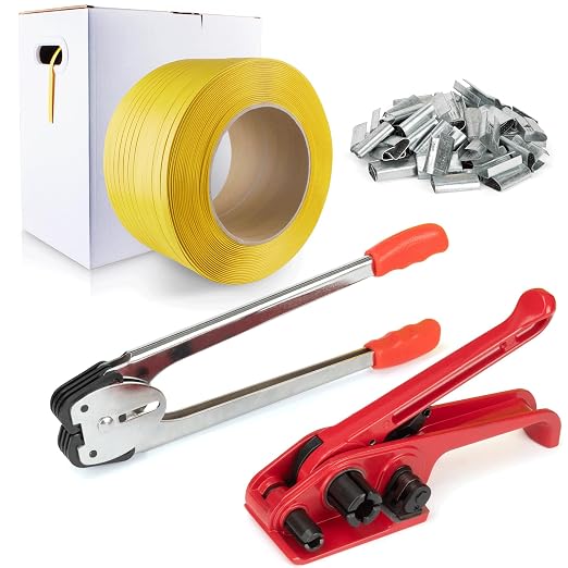Heavy Duty Packaging Banding Strapping Kit - Upgraded Poly Strapping Tensioner Tool Set with 1968' Length x 1/2" Wide PP Strapping Banding,100 Metal Seals
