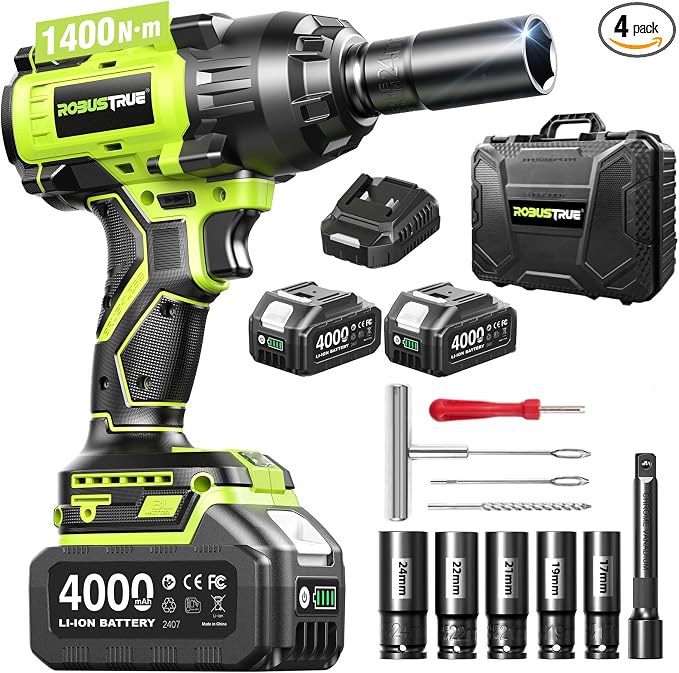 Robustrue 1400N.m (1032ft-lbs) Cordless Impact Wrench, 1/2" Brushless High Torque Impact Gun, 11Pcs Tire Repair Kit, 2x4000 mAh Batteries, Fast Charger, Impact Driver for Car Home/Truck RV/Mower