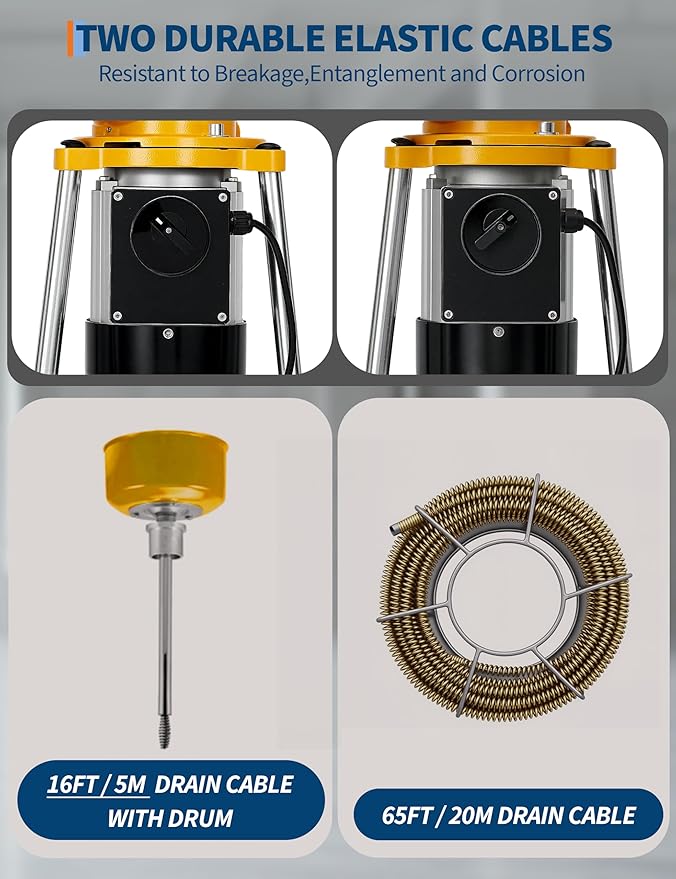 Garvee Portable Drain Cleaning Machine, Auto Feed Electric Drain Cleaner Machine Auger Sewer Snake with 66 FT x 5/8" & 16 FT x 3/5" Steel Cables & 6 Cutters, for 1.6"-4" 500 w 400 RPM