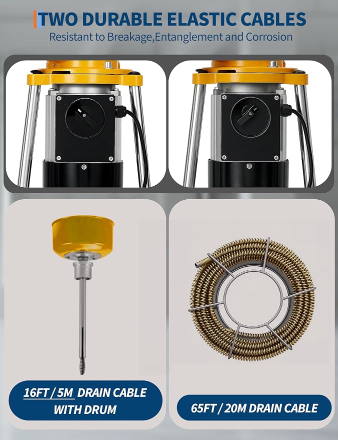 Portable Electric Drain Snake, Auto-Feed Drain Cleaning Machine with 66Ft & 16Ft Steel Cables, 6 Cutters for 1.6"-4" Pipes, 500w 400RPM Power Auger for Toilet Sink Bathtub Sewer Line