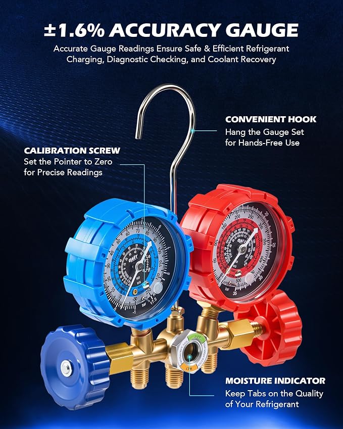 Orion Motor Tech AC Vacuum Pump and Gauge Set, 1/3 hp 4 cfm Vacuum Pump Manifold Gauge Kit with Leak Detector 3 Hoses & Accessories for R134a R12 R22 R502, A/C Vacuum Pump Kit for Auto HVAC Systems