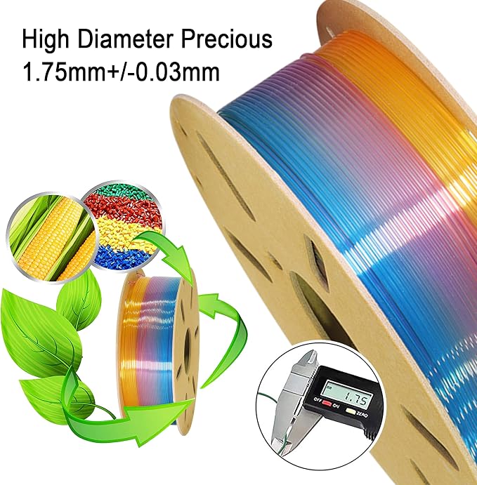 Fast Color Change Natural Rainbow PLA 3D Printing Filament, Tidy Winding 1.75mm PLA, Widely Fit for 3D Printer; 1KG Cardboard 3D Printing Material, Clear Transparent Type Multi Colored