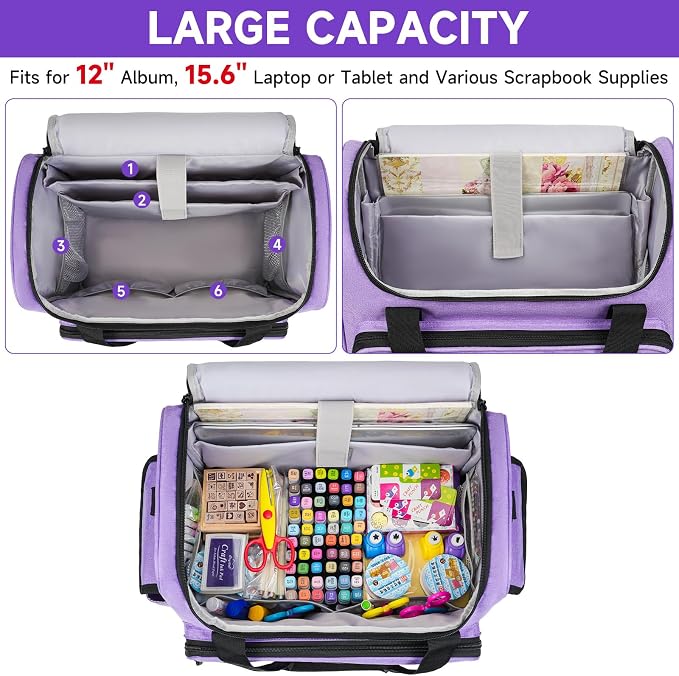 Craft Bag for Scrapbook Supplies, Large Scrapbook Tote with 15.6'' Laptop Sleeve, Art Supply Storage Bag with Multiple Pockets for Scrapbooking Tools, Purple