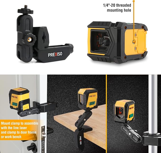 PREXISO Multi Surface Laser Level LED Light Vial, 30Ft Horizontal and Vertical Line Laser & PREXISO 65Ft Laser Level Self Leveling with Rotatable Mount Clamp