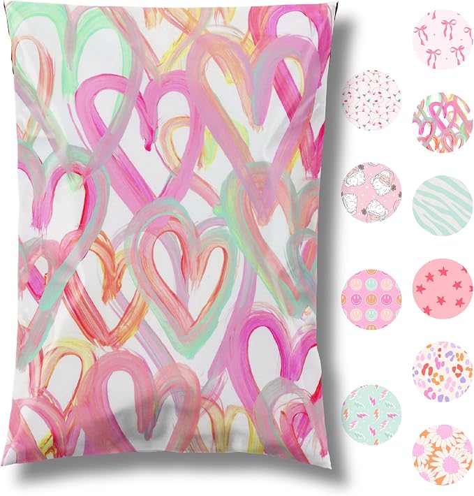 Pretty Package Store Poly Mailer 6x9, 100 Pack, Happy Hearts | Heavy Duty, Waterproof, Self Seal, Tear Resistant, Shipping Bags for Small Business Packaging, Bulk Mailing Envelopes