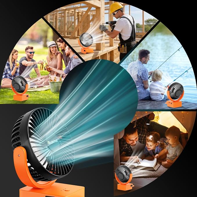 Rozlchar Portable Cordless Fan Compatible for Ridgid 18V Battery, 3‑Speed Jobsite Fan with USB A/C Fast Charging (5V/2A) & 360° Vertical Rotation for Camping, Workshop, Construction(Tool Only)