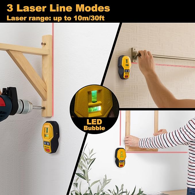 PREXISO 2-in-1 Rechargeable Cross Line Laser Level with Magnetic Stud Finder, Compact Line Lasers with LED Bubble Vials for Accurate Marking for Hanging Frames & Pictures Non-Electronic Stud Finder