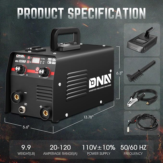 DNA Motoring 125A/110V Flux Core MIG Welder, Gasless MIG/Lift TIG/Stick Welder, 3 in 1 Portable Welding Machine, IGBT Inverter Welder for Home DIY, Garage, w/LED Digital Display, Black, TOOLS-00377