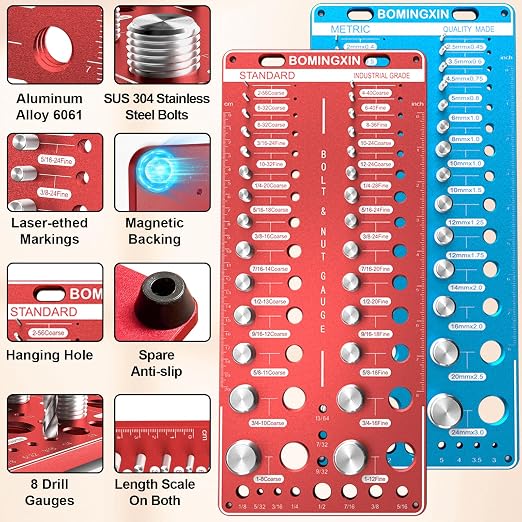 Upgrade Thread Checker, 78 Nut and Bolt Thread Checker with Magnetic Base, 28 Standard & 28 Metric & 22 Drill Bit Gauge, Wall-Mountable Bolt Thread Identifier Gauge for Quick Measurement