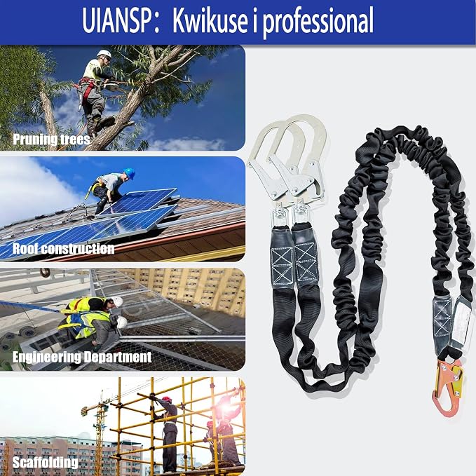 6ft Safety Harness Lanyard Double Leg Internal Shock Absorbing Safety Fall Protection Lanyard with Rope Harness Safety Lanyard Dual Rebar & Snap Hook Roofer Fall Protection Equipment（Alloy Steel）