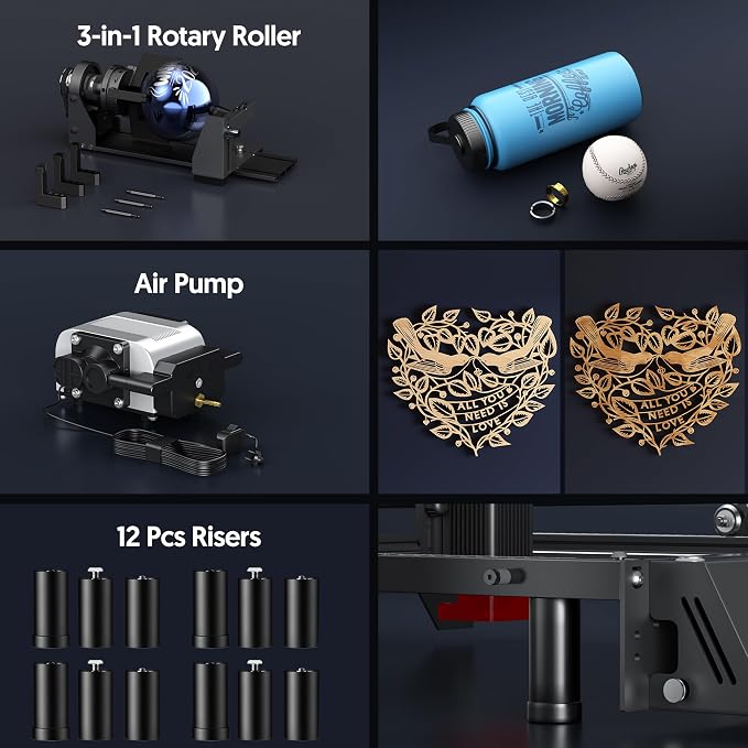 LONGER Laser Engraver Ray5 5000mW Engraver Machine with Air Assist Kit DIY CNC Laser Cutter Tool for Metal Glass Wood Working Area 15.7 "x15.7" with 4-in-1 Rotary Roller Kit