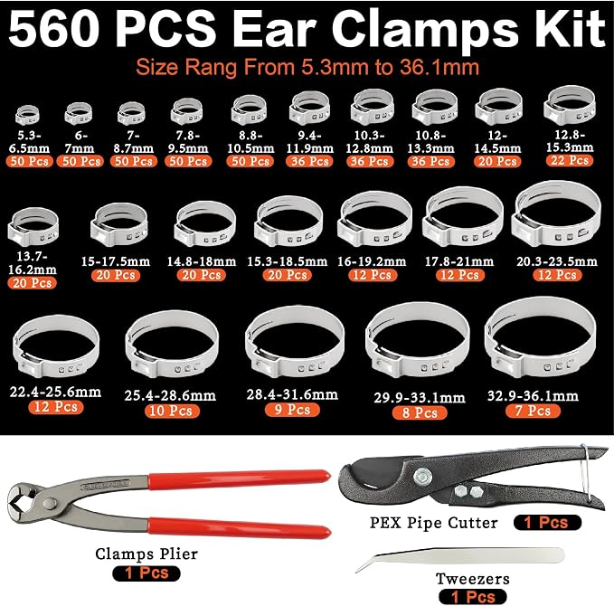 560Pcs Single Ear Hose Clamps Assortment Kit 304 Stainless Steel 22 Size(5.3-36.1mm) Cinch Crimp Hose Clamp Stepless Pinch Clamp with Tools for Plumbing/Garden/Automotive/Water Pipe/Radiator Pipe