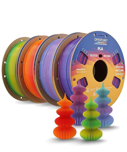 OVERTURE 4KG Bundle Rainbow PLA Filament 1.75mm, Neatly Wound 3D Printer Filament 4 Pack 1kg Spool (2.2lbs), Fit Most FDM 3D Printers (4 Ranbiow Color)