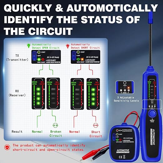 Automotive Wire Tracer Electrical Open & Short Finder Circuit Tester Wire Breaker Finder Fault Probe Kit Cable Toner Wire Tracker Continuity Test for DC 6-42V