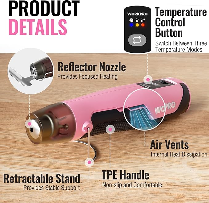 WORKPRO 7.2V Cordless Mini Heat Gun for DIY Crafts, 4000mAh Hot Air Gun, 1.5s Fast Heating, 3 Temp Settings (Cool/572°F/842°F), USB-C Rechargeable - Pink Ribbon