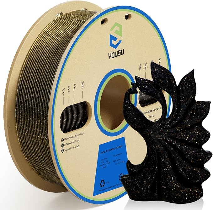 YOUSU 3D Printer Filament PLA Filament 1.75mm Gold 3D Effect Glitter-Black filament1kg(2.2lbs).