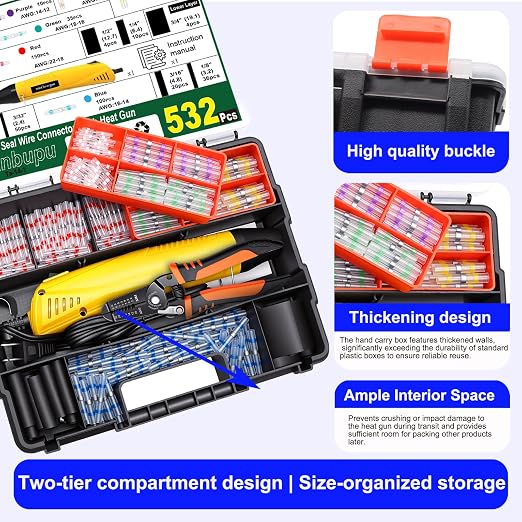 532PCS Heat Shrink Solder Seal Wire Connectors Kit with Mini Heat Gun, Solder Stick Wire Connectors Waterproof Wire Electrical Connector Kit for Marine, Automotive, Boat, Truck (26-6 Gauge)