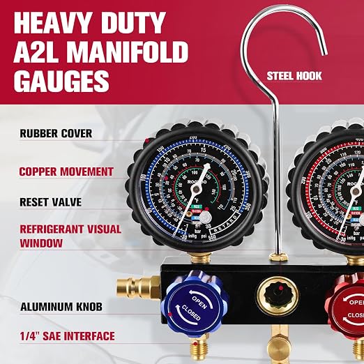 3-Way R454B AC Gauge Set, HVAC A2L Manifold Gauges for R454B/R32/R410A/R22 Refrigerant with A2L/R410a Adapters, 5FT Hoses