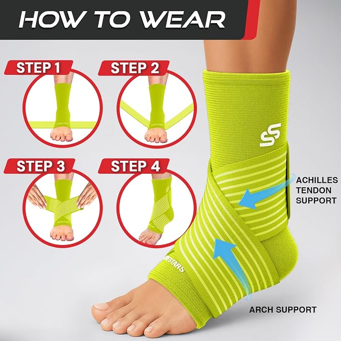 Sleeve Stars Ankle Brace for Women & Men, Ankle Wrap for Sprained Ankle, Compression Sleeve for Plantar Fasciitis Relief, Easy Customizable Support: w/ Removable Strap (Pair/M:10"-12"/Neon Yellow Green)