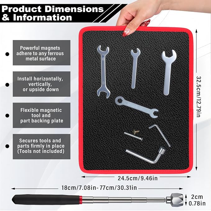 Flexible Magnetic Tool Mat, 12.8" x9.5" Non-Slip Magnetic Tool Organizer & &Telescoping Magnetic Tool, Magnetic Tool Mat for Mechanics, Garage, Workshop & Auto Repair(Red)