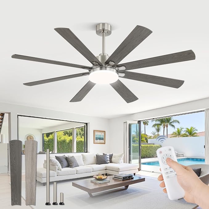 65 Inch Ceiling Fan with Light, Brushed Nickel Ceiling Fan with Large LED Panel, Quiet Reversible DC Motor, 6-Speeds, 3CCT, Indoor/Outdoor Ceiling Fans with Lights for Patio, Livingroom, Bedroom