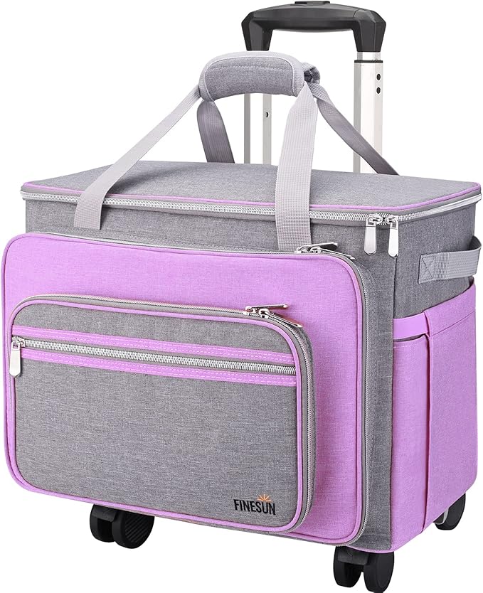 FINESUN Sewing Machine Case with Wheels, Rolling Sewing Machine Bag, Universal Craft Storage Bag for Brother Singer Janome and Most Embroidery Machine Carrying Tote Bag Purple