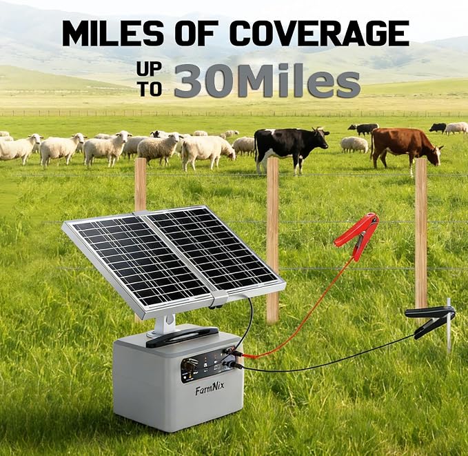 30 Miles Solar Fence Charger,6-12KV Adjustable Output,1.5J Solar Electric Fence Charger,15W Solar Powered Electric Fence Kit, Solar Charger for Livestock,Farm,Garden,24H Protection