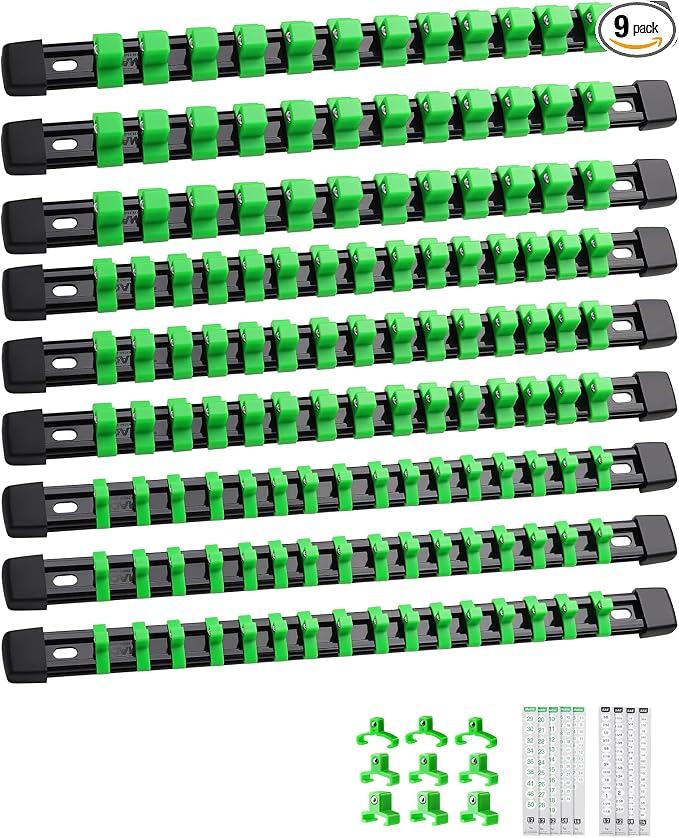 ALOANES 9PC Socket Organizer, Socket Rails Fit 1/2", 1/4" and 3/8" Drive | Heavy Duty ABS Socket Holders Hold up 129 Sockets for Toolbox Drawer Bags(Green)