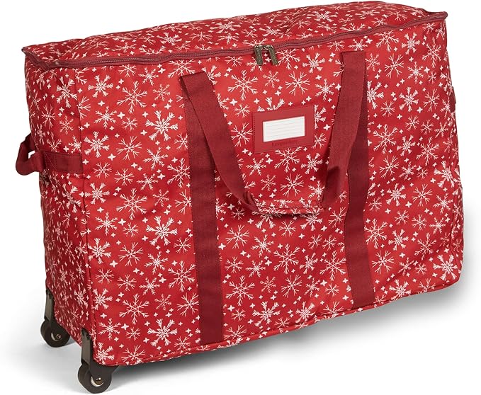 Covermates Keepsakes Rolling Treasurekeeper Storage Bag – Heavy-Duty Polyester with Dual Wheels & Handles – Protects Holiday Decorations with ID Window & Dual Zipper Access, Red Snowflake
