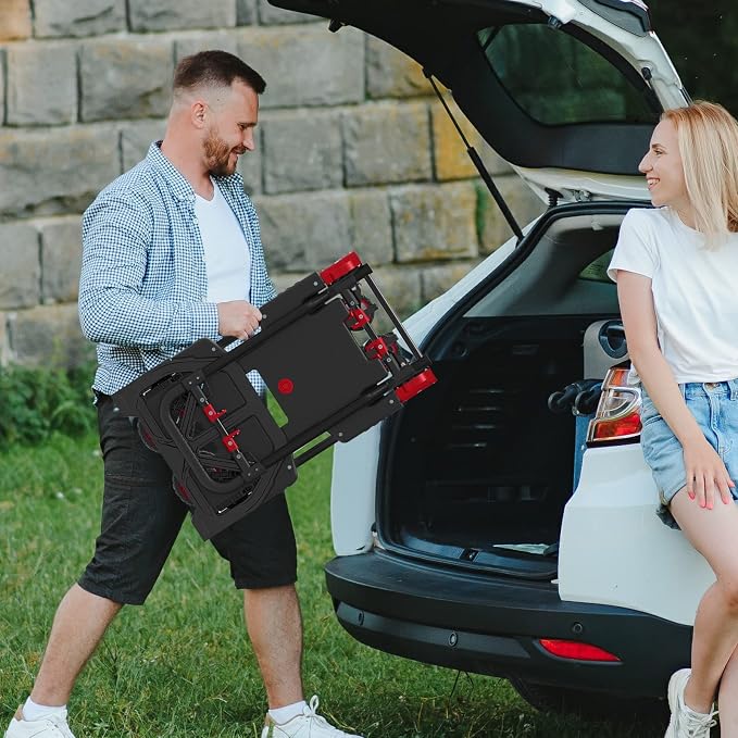 Folding Hand Truck 330lbs Capacity Heavy Duty Dolly Cart with 2 Elastic Bungee Rope,4 Rubber Wheels,Retractable Handle,Convertible Portable Cart Luggage,Travel,Moving,Shopping,Office Use.