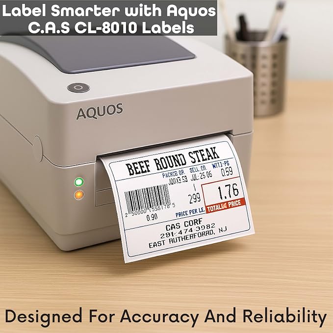 Aquos CAS CL-8010 Printing Scale Label Rolls | Direct Thermal Labels on Thermal Paper | Label Roll with Strong Adhesive | Pre-Cut | Smudge-Free | Made in USA