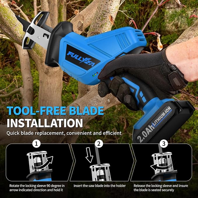 FULLYEA Reciprocating Saw Cordless, 0-3500SPM Variable Speed Reciprocating Saws with 4 Saw Blades, Tool-Free Blade Change, Electric Reciprocating Saws for Woods/Metal/Plastic Cutting,Blue