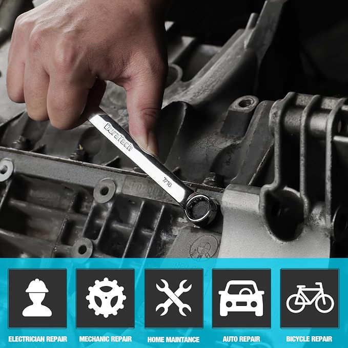DURATECH 7/16" Combination Wrench, SAE, CR-V Constructed with Mirror Polish, 12-Point, 15-Degree Offset