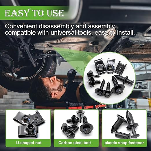 mxuteuk 100PCS U-Nut Clips & Hex Head Automotive Body Fender Bolts Kit,M4.2/M6/1/4/M8 Automotive Bolt for Most Cars Fender,Engine Undertray Cover, Engine Cover & Bumper Fender Liner