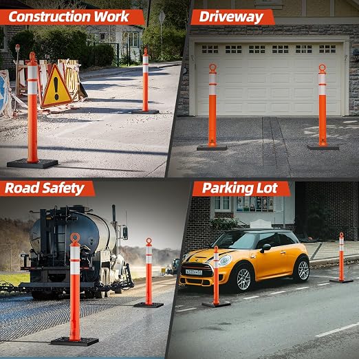 RoadHero 42 Inch Delineator Post with Base, Portable Orange Traffic Delineator Posts Cones with Reflective Collars for Parking Lots, Road Safety, Construction Events (12 Pack)
