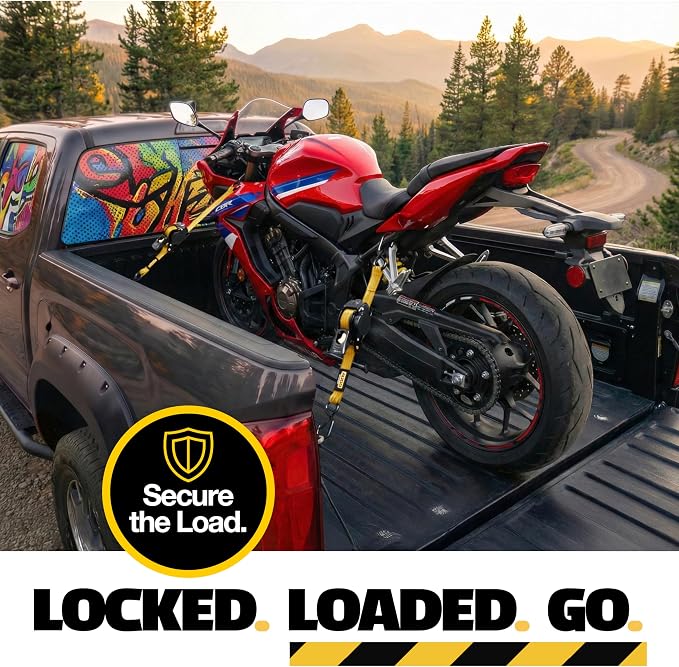 AUGO Retractable Ratchet Straps | 2 Heavy Duty Ratchet Straps Self Retractable Tie Downs with Soft Loops & Storage Bag for Motorcycle, Truck, Trailer, Cargo Van | 1200 Lb Break Strength 1” x 10’