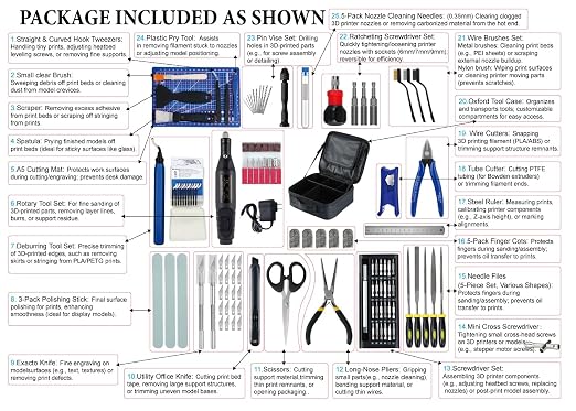 124Pcs 3D Printing Accessory Tools with Tool Bag for Remove/Trim and Finish 3D Print Includes Deburring Tool, Nozzle Cleaning, Removal Scrapers, Finishing Tools,etc.
