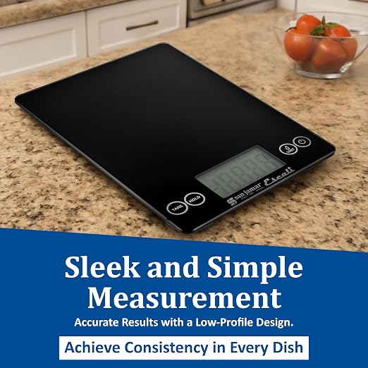 San Jamar Escali Glass Food Scale – SCDG15BK Digital Kitchen Scale for Restaurants, Catering, Meal Prep, Touchscreen Display, Battery Operated, Low Profile, 0.1oz, 15lb Capacity