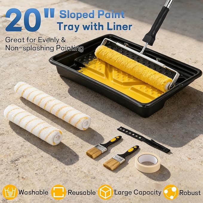Paint Roller Kit, Rocfinity Paint Roller with 6ft Extension Pole,12"18" Painting Supplies for Walls & Ceilings,Paint Brushes for Home Interior Outside,Long Roller with Tray & Painters Tape