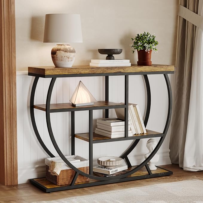 Garvee Entryway Table with Storage, Industrial 4-Tier Narrow Console Table Behind Couch with Half-Circle Base & Storage Shelves for Living Room, Hallway, Foyer